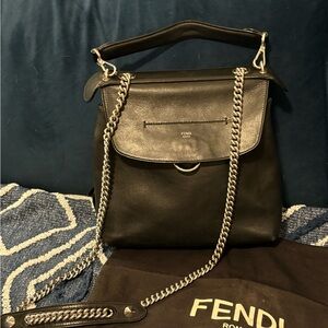 Fendi Black Leather 2Way Shoulder Bag Backpack with Silver Chain